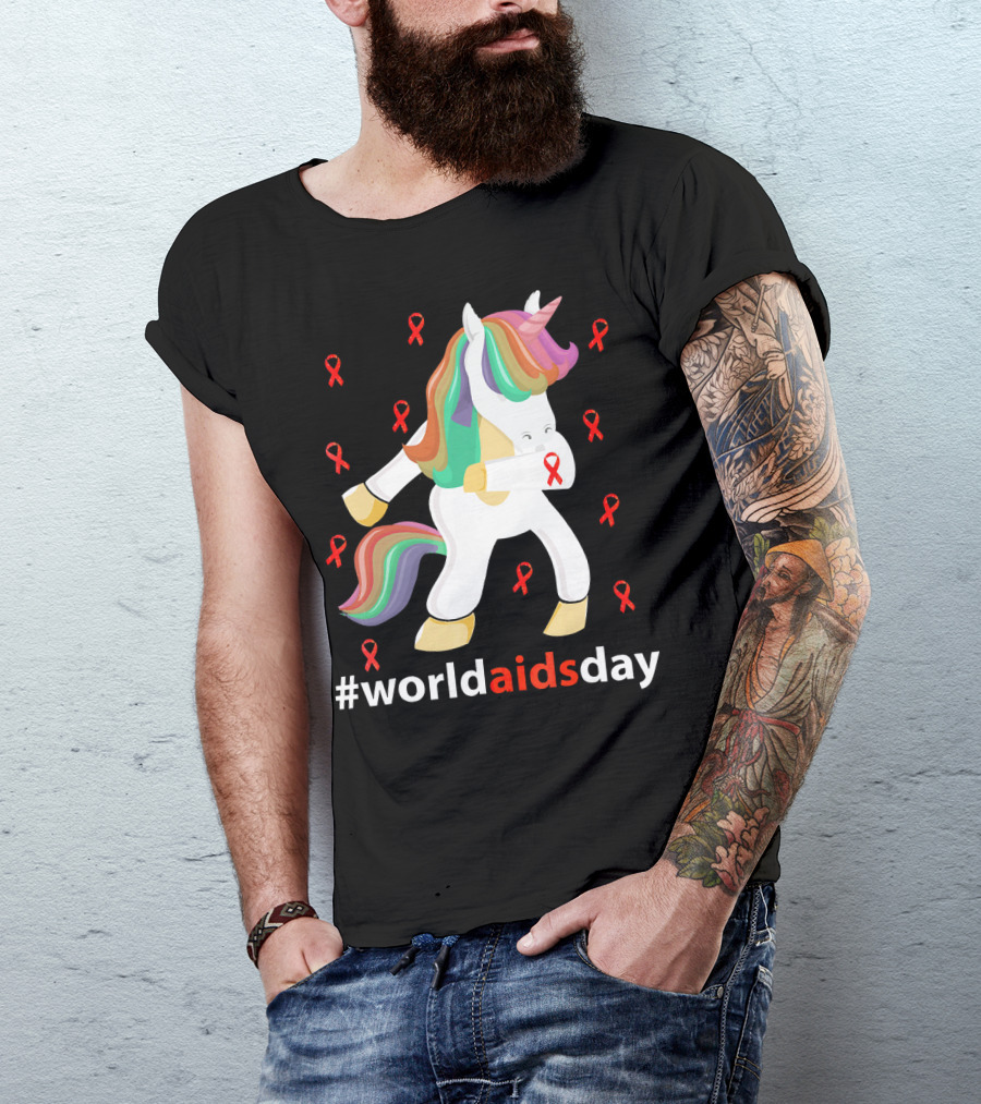 WorldAIDSDay Unicorn With Red Ribbons December 1st T-Shirt