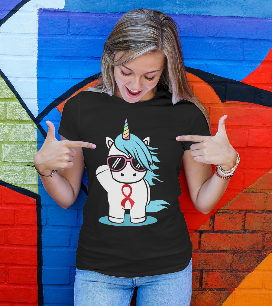 Unicorn With Sunglasses Red Ribbon Aids Awareness HIV Stigma Support T-Shirt