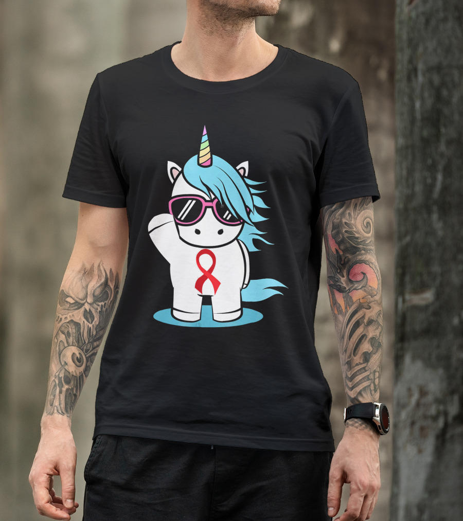Unicorn With Sunglasses Red Ribbon Aids Awareness HIV Stigma Support T-Shirt
