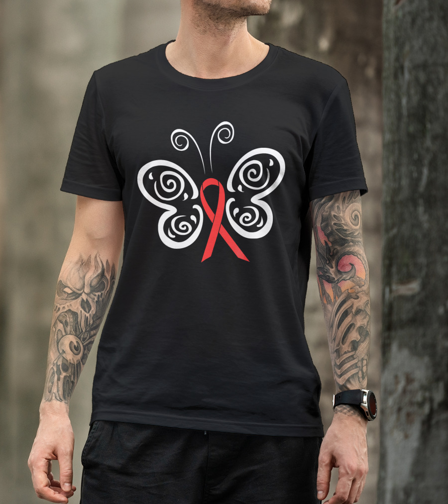 Red Ribbon Butterfly HIV Blood Cancer Awareness T-Shirt