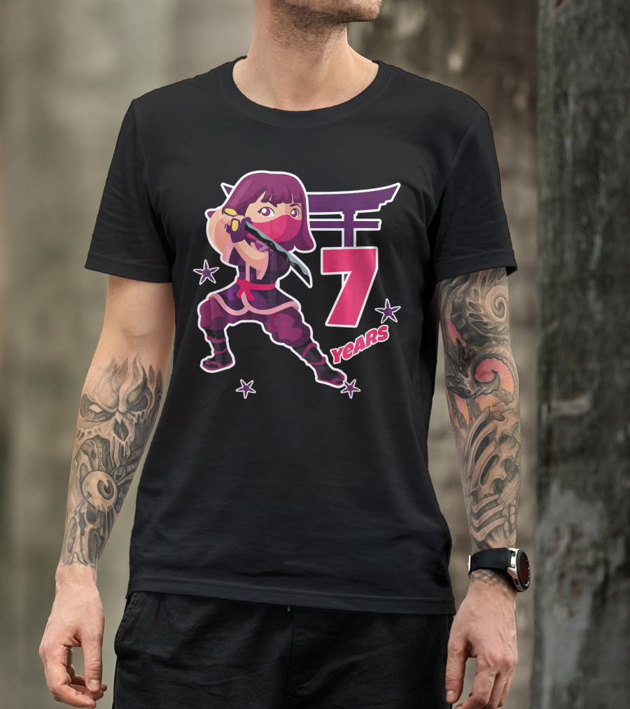 Ninja Girl 7 Years Birthday Celebration With Sword And Stars T-Shirt