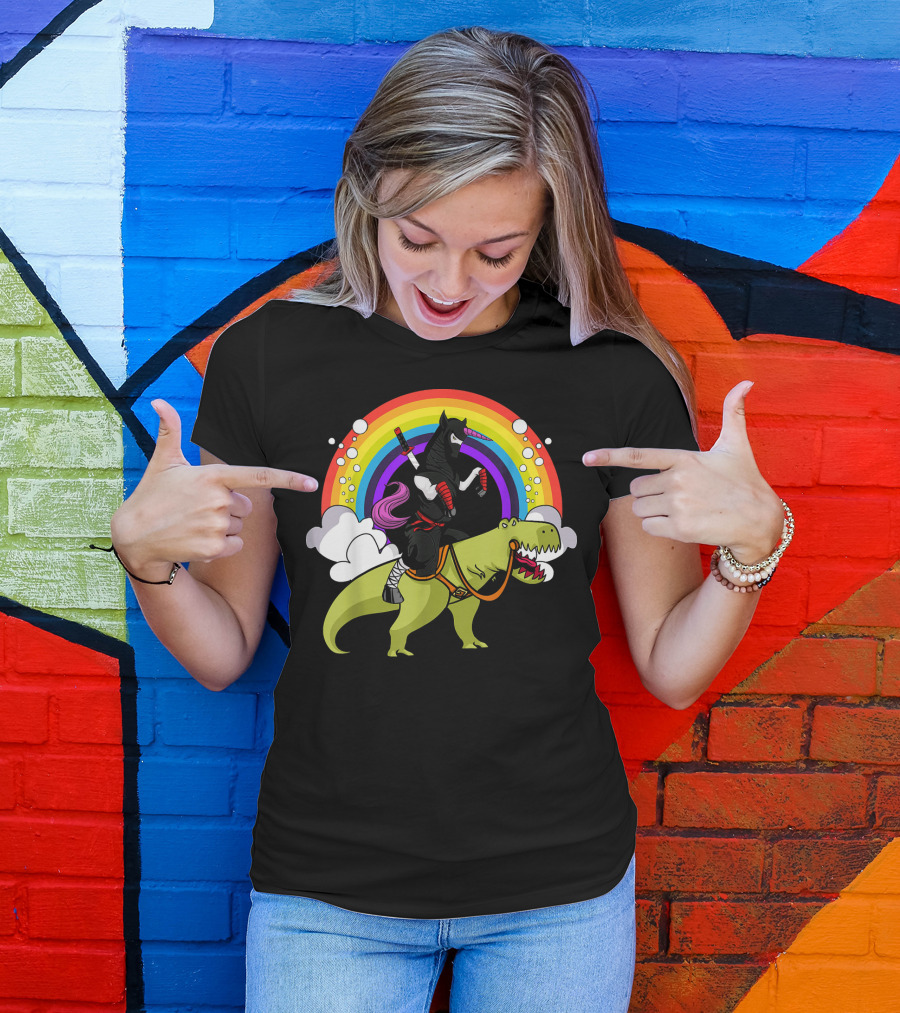 Ninja Unicorn Samurai Riding Rex Dinos Under Rainbow T-Shirt