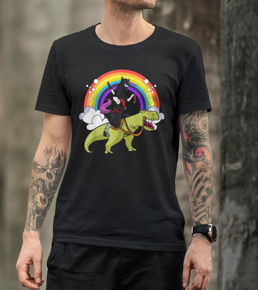 Ninja Unicorn Samurai Riding Rex Dinos Under Rainbow T-Shirt