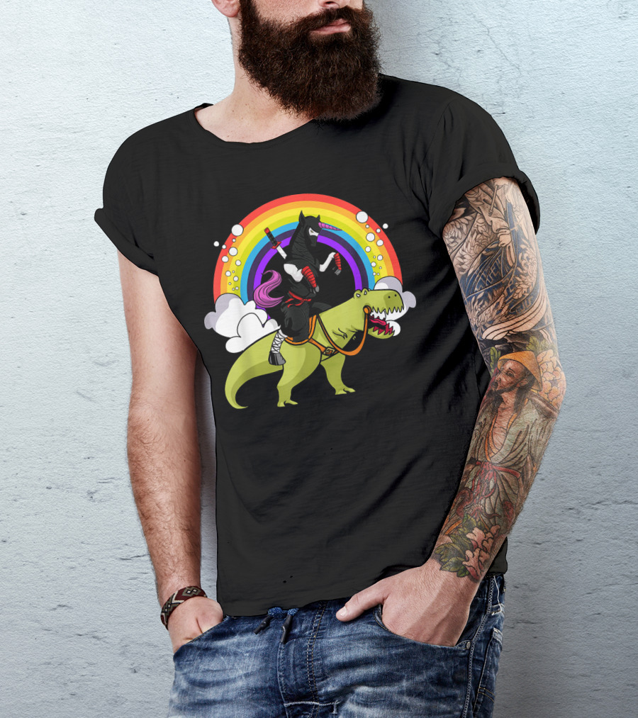 Ninja Unicorn Samurai Riding Rex Dinos Under Rainbow T-Shirt