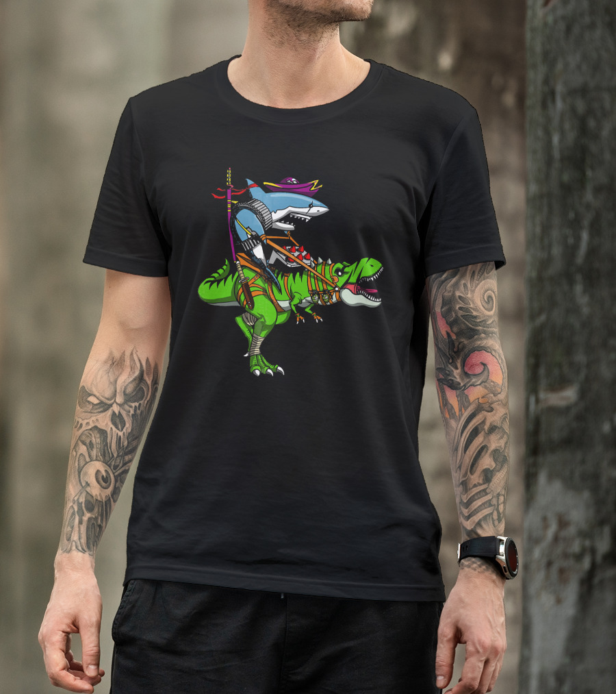 Shark Ninja Samurai On T-Rex Dinosaur Adventure T-Shirt