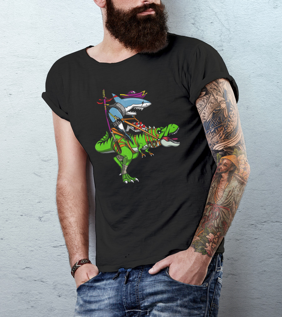 Shark Ninja Samurai On T-Rex Dinosaur Adventure T-Shirt