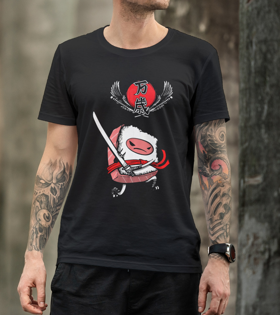 Japanese Ninja Sushi Samurai With Sword And Red Sun Kanji T-Shirt