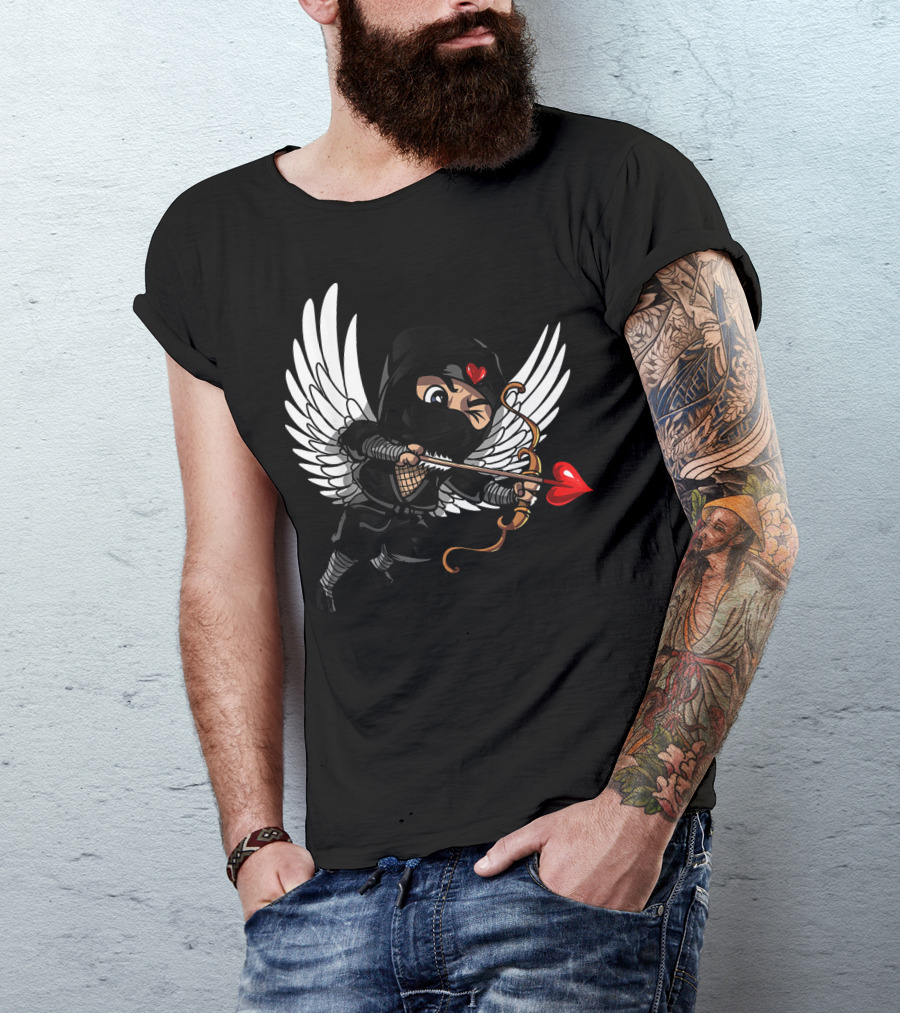 Ninja Cupid Valentine With Bow And Heart Arrow Angel Wings T-Shirt