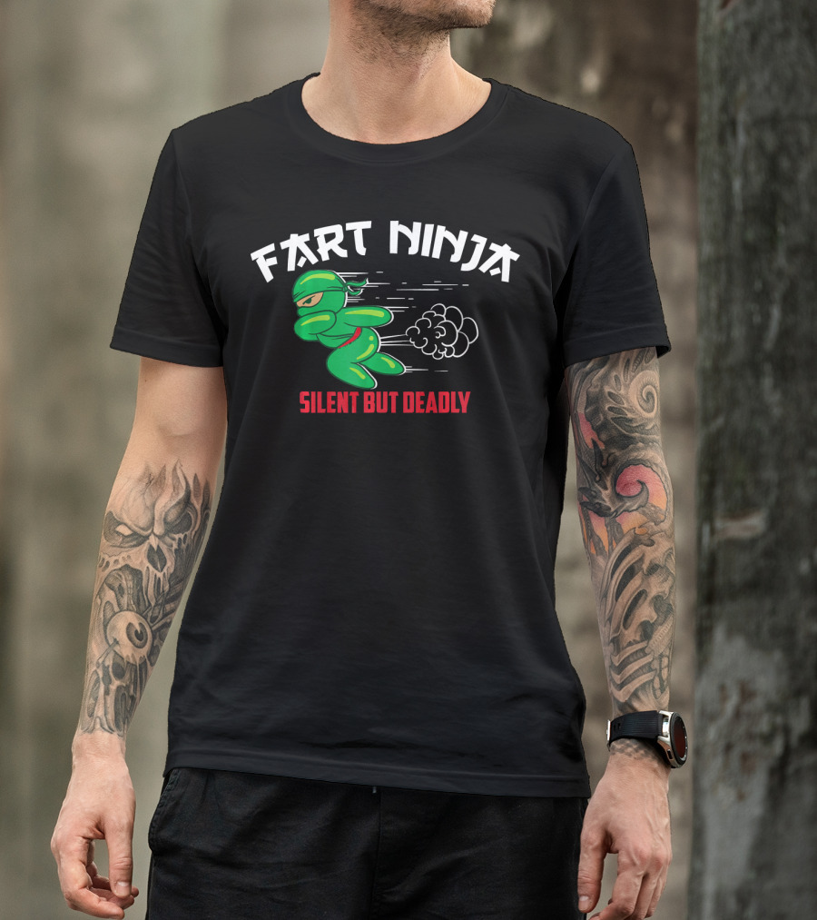 Fart Ninja Silent But Deadly Green Stealthy Figure With Cartoon Gas Cloud T-Shirt