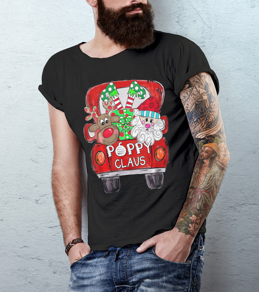 Poppy Claus Christmas Red Truck With Santa And Reindeer T-Shirt