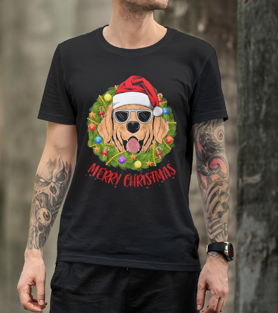 Merry Christmas Golden Retriever Dog Santa Hat Sunglasses Wreath T-Shirt