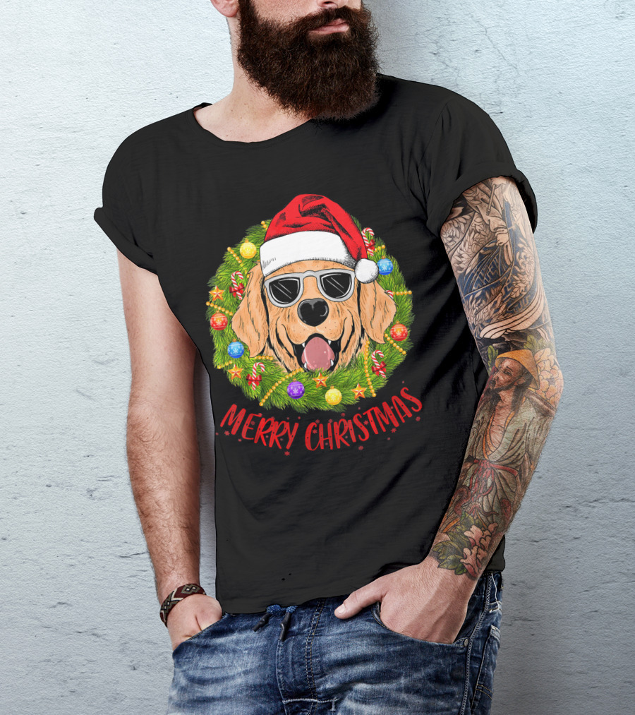 Merry Christmas Golden Retriever Dog Santa Hat Sunglasses Wreath T-Shirt