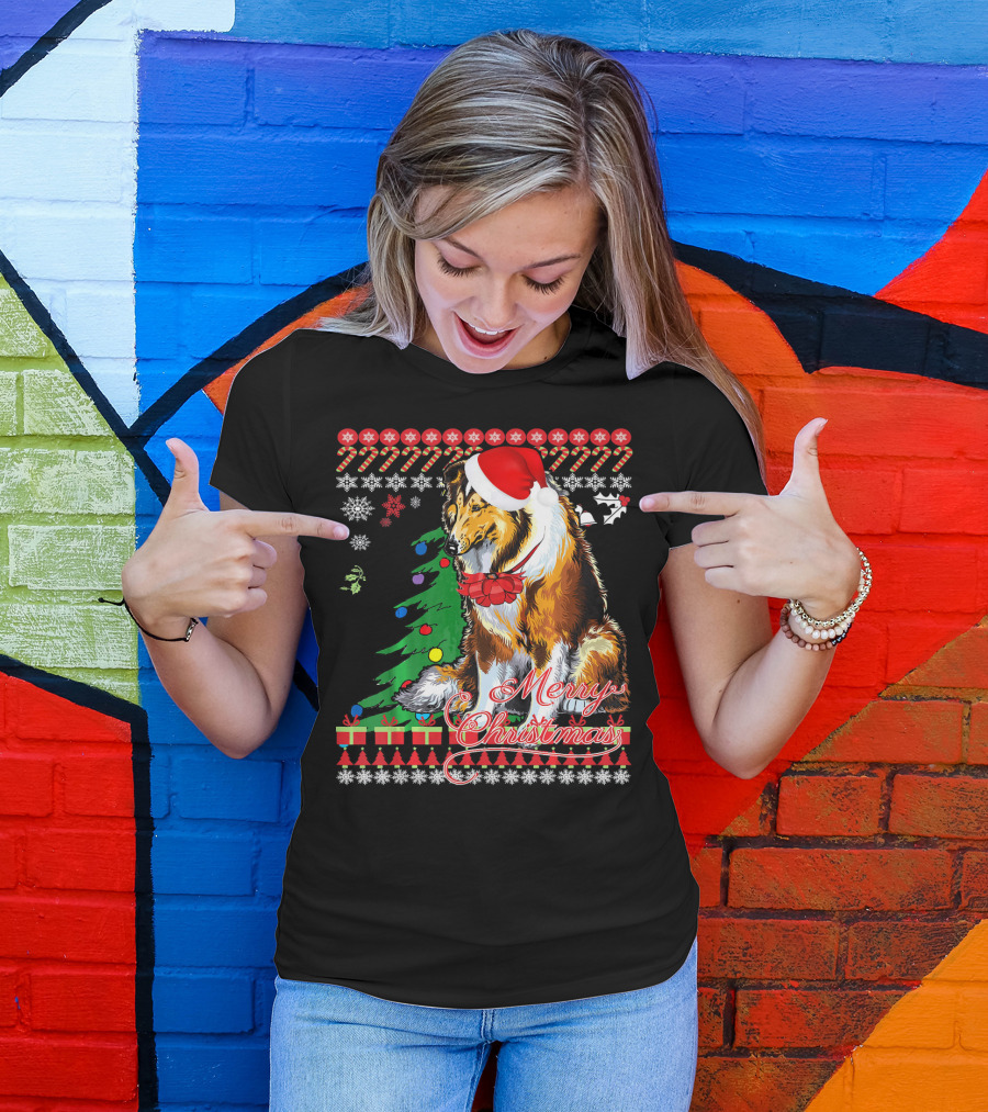 Merry Christmas Rough Collie Santa Hat Snowflakes Gifts Holiday T-Shirt