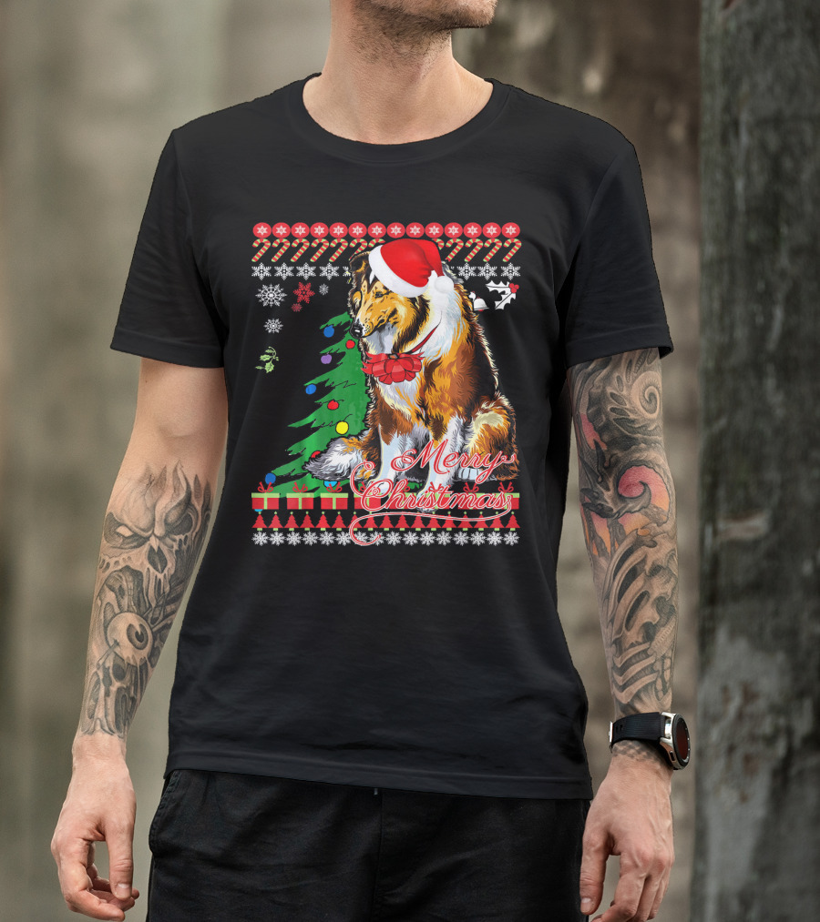 Merry Christmas Rough Collie Santa Hat Snowflakes Gifts Holiday T-Shirt