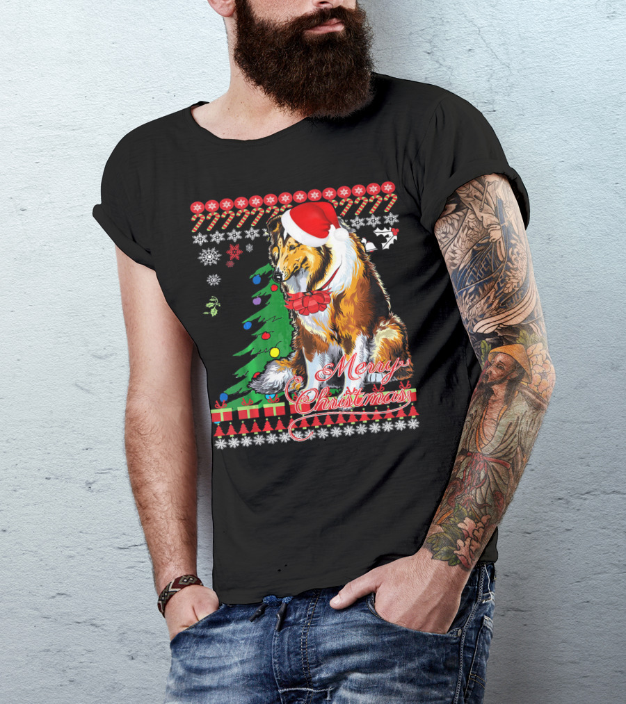 Merry Christmas Rough Collie Santa Hat Snowflakes Gifts Holiday T-Shirt