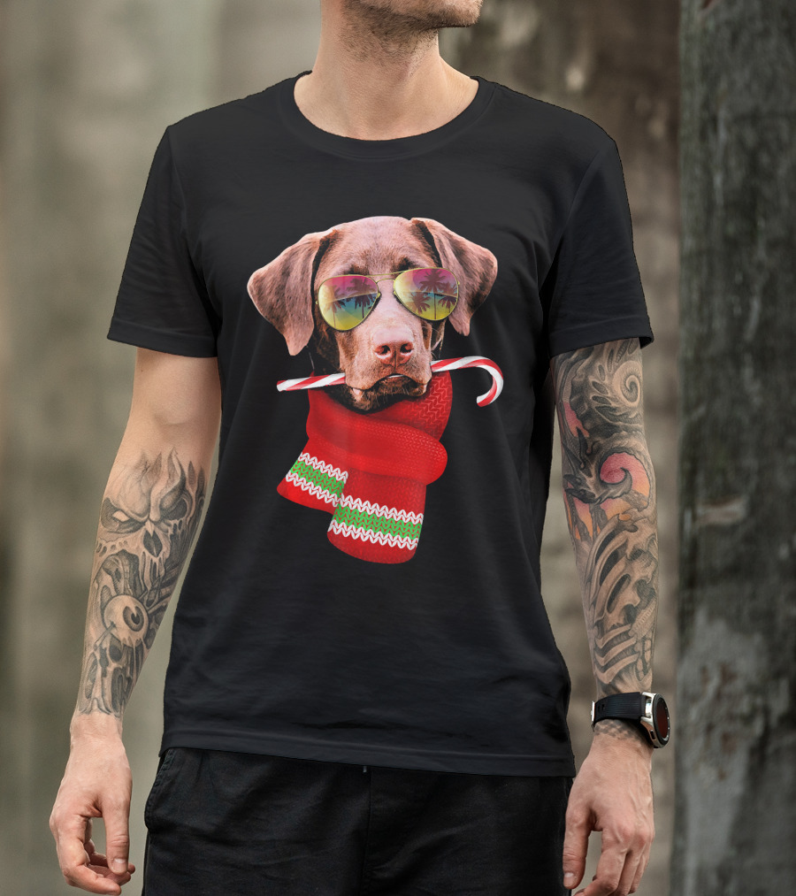 Christmas In July Labrador Sunglasses Candy Cane Scarf T-Shirt