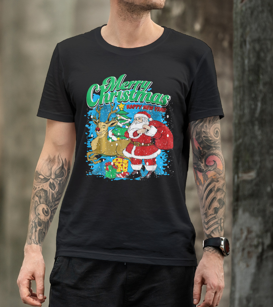 Merry Christmas Happy New Year Santa Claus Reindeer Presents T-Shirt