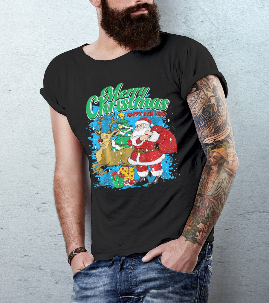 Merry Christmas Happy New Year Santa Claus Reindeer Presents T-Shirt