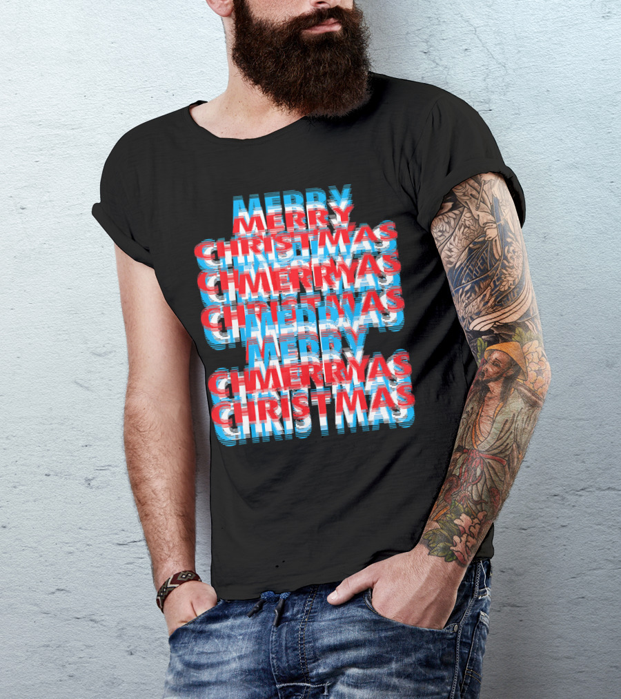 Merry Christmas Blurred Double Layered Text Effect T-Shirt