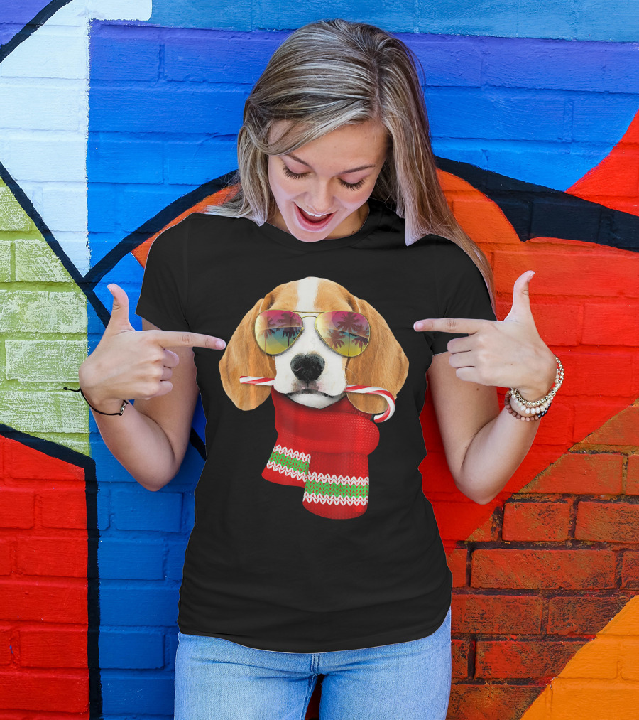 Christmas In July Beagle Sunglasses Candy Cane Scarf T-Shirt