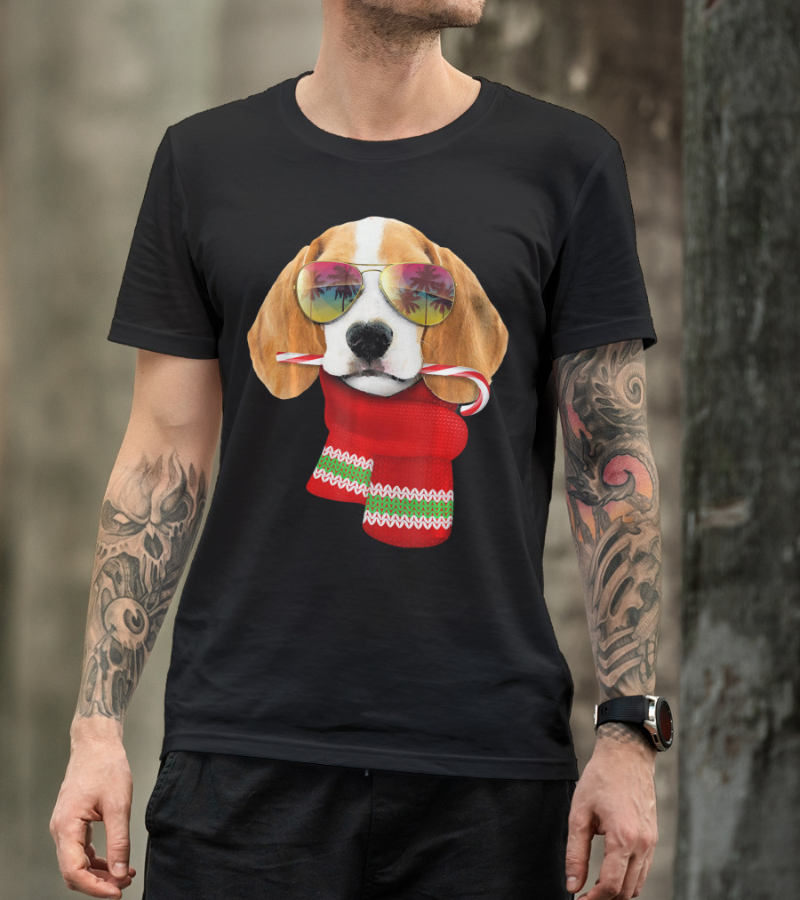 Christmas In July Beagle Sunglasses Candy Cane Scarf T-Shirt