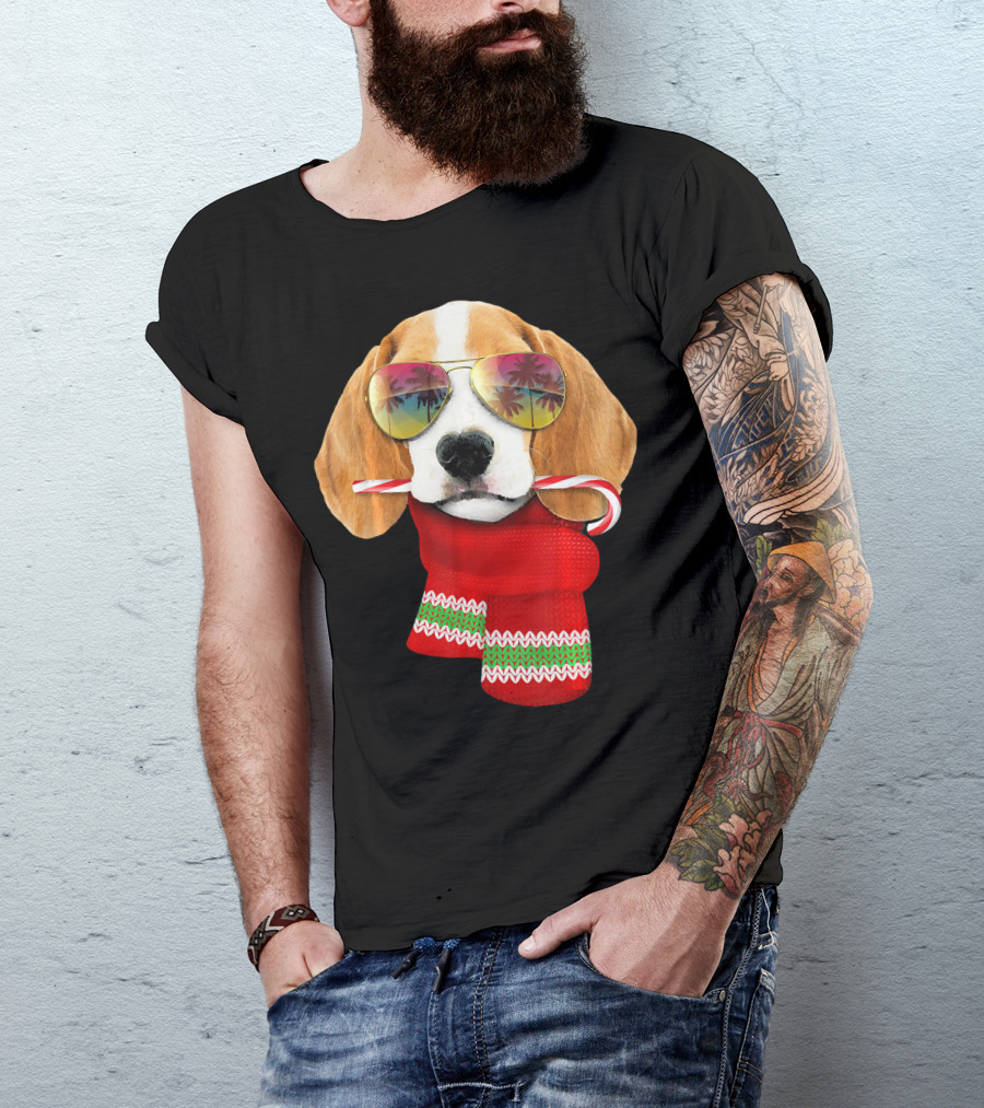 Christmas In July Beagle Sunglasses Candy Cane Scarf T-Shirt