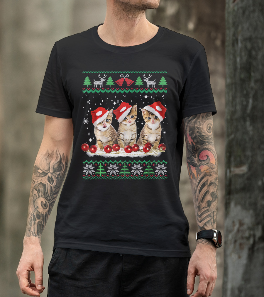 Ugly Christmas Cat Santa Hat Reindeer Bells Snowflakes Lights T-Shirt
