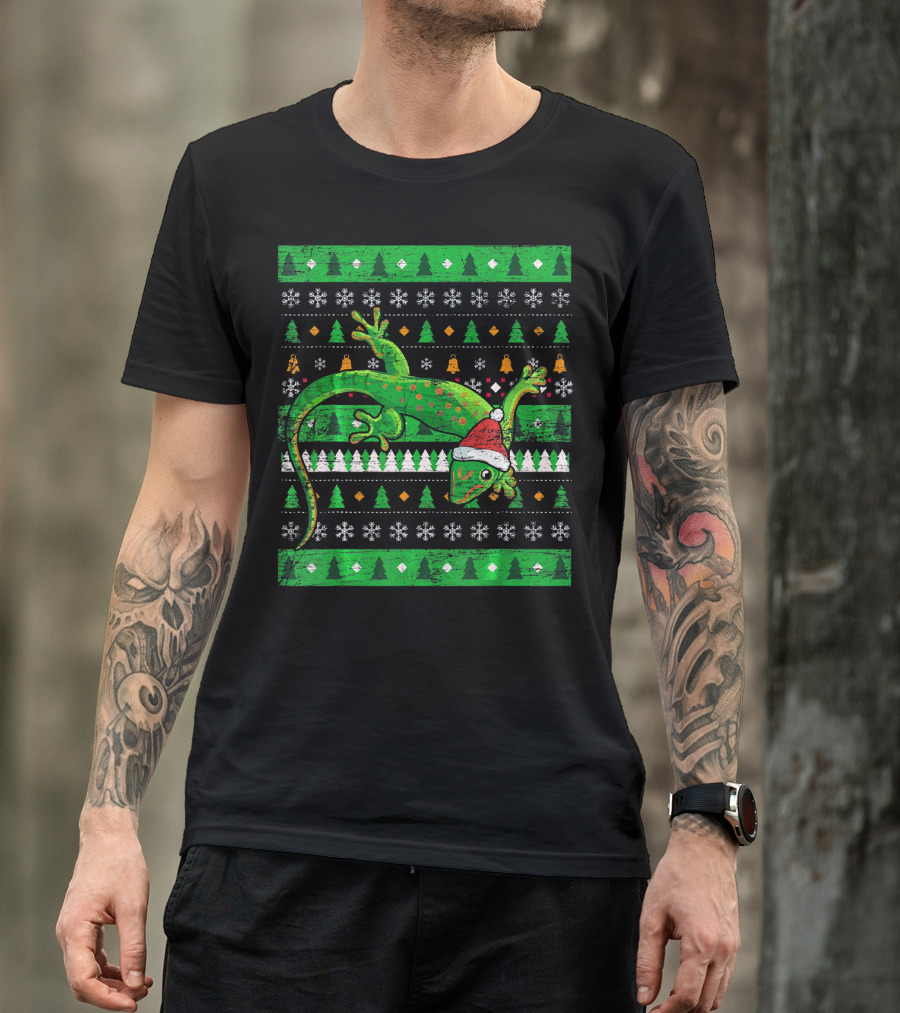 Ugly Christmas Lizard With Santa Hat And Holiday T-Shirt