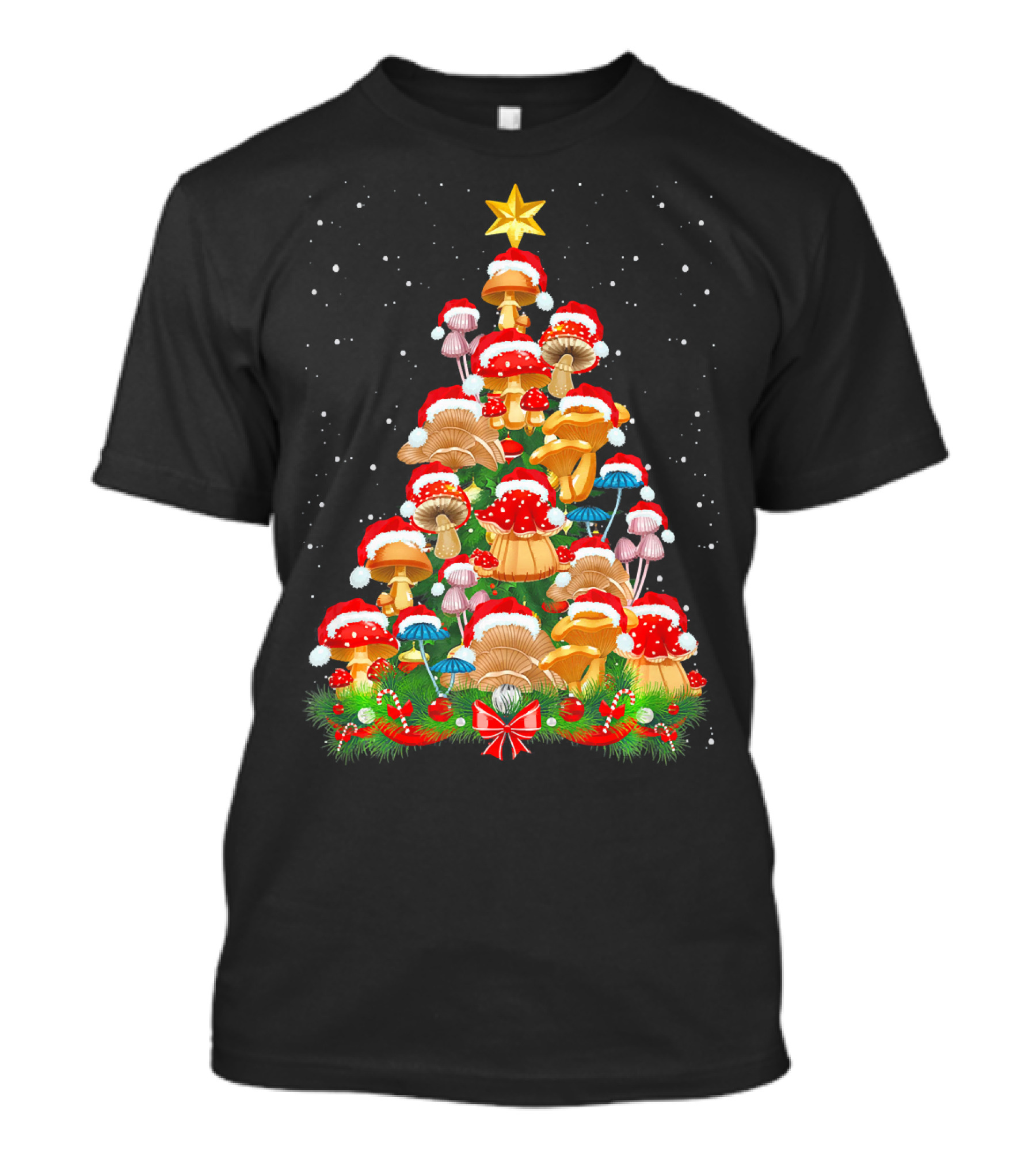 Mushroom Christmas Tree With Santa Hats And Snowflakes For Garden Lovers T-Shirt