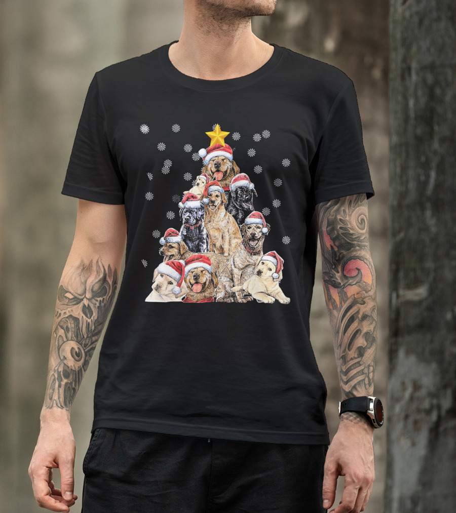 Labrador Puppies With Santa Hats Forming A Christmas Tree With Star And Snowflakes T-Shirt