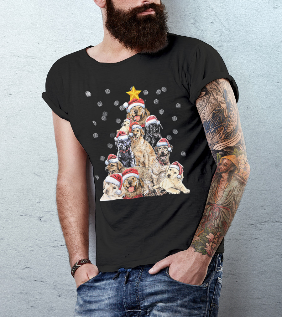 Labrador Puppies With Santa Hats Forming A Christmas Tree With Star And Snowflakes T-Shirt