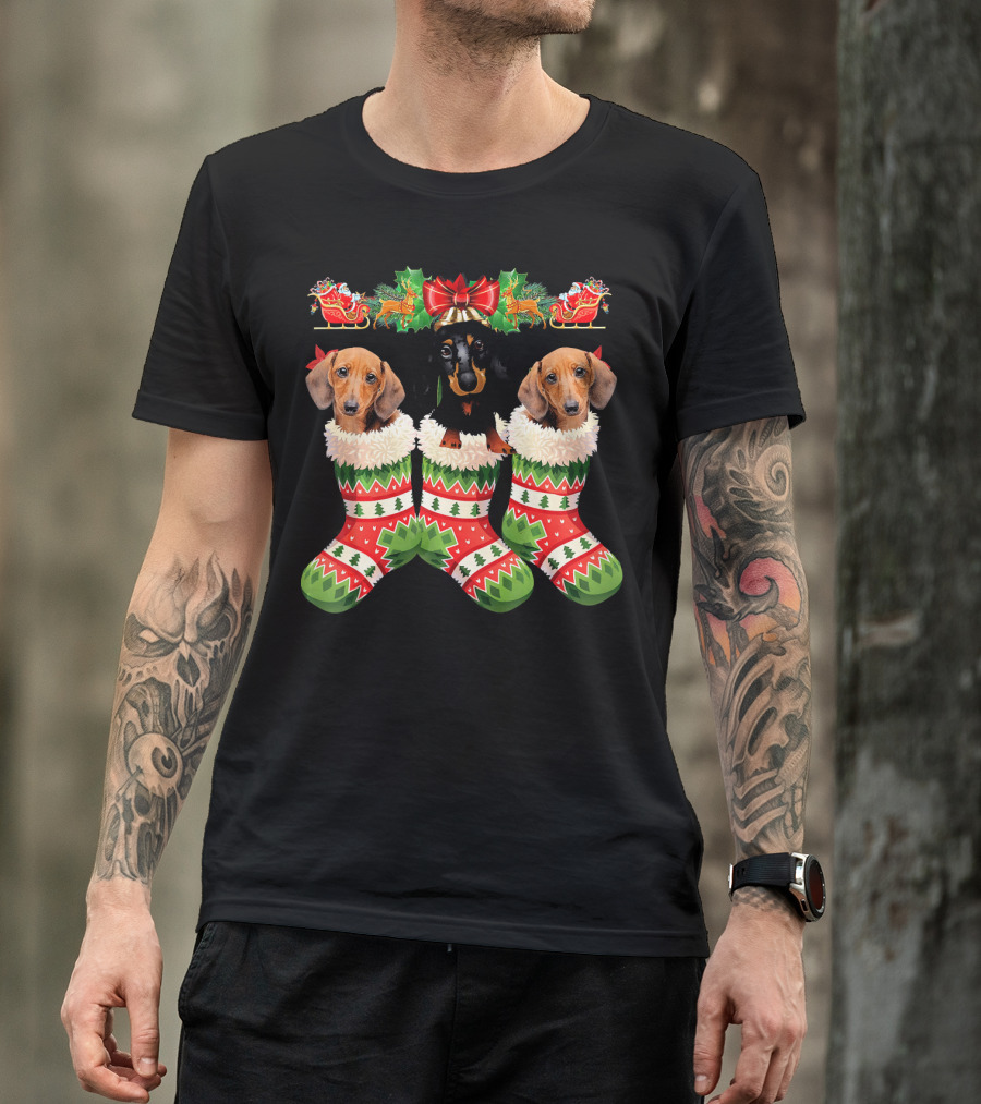Dachshund Christmas Dogs In Festive Stockings T-Shirt
