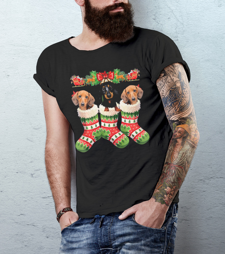 Dachshund Christmas Dogs In Festive Stockings T-Shirt