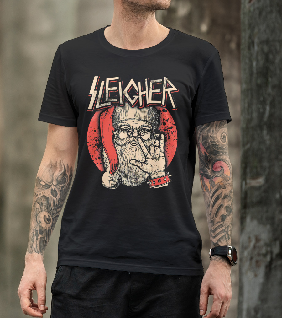SLEIGHER Heavy Metal Music Santa Circle Red Santa Hat Hand Gesture T-Shirt