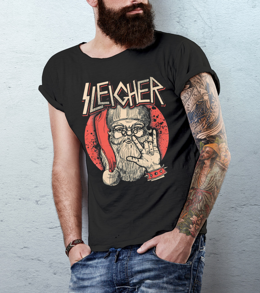 SLEIGHER Heavy Metal Music Santa Circle Red Santa Hat Hand Gesture T-Shirt