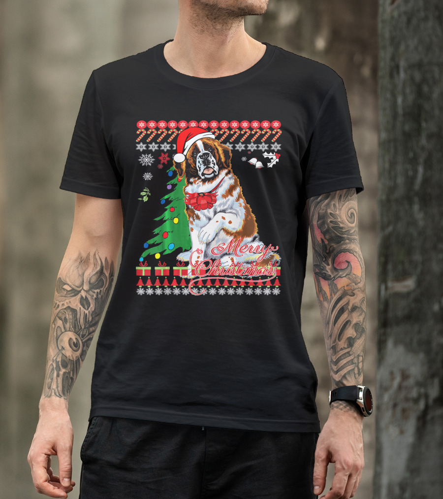 Merry Christmas Saint Bernard Dog Ugly Christmas T-Shirt
