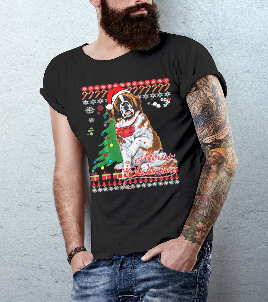 Merry Christmas Saint Bernard Dog Ugly Christmas T-Shirt