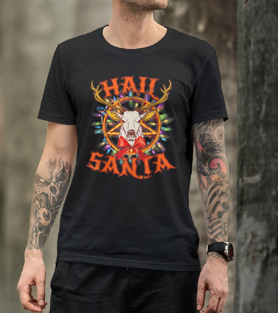 Hail Santa Christmas Reindeer With Pentagram And Lights T-Shirt