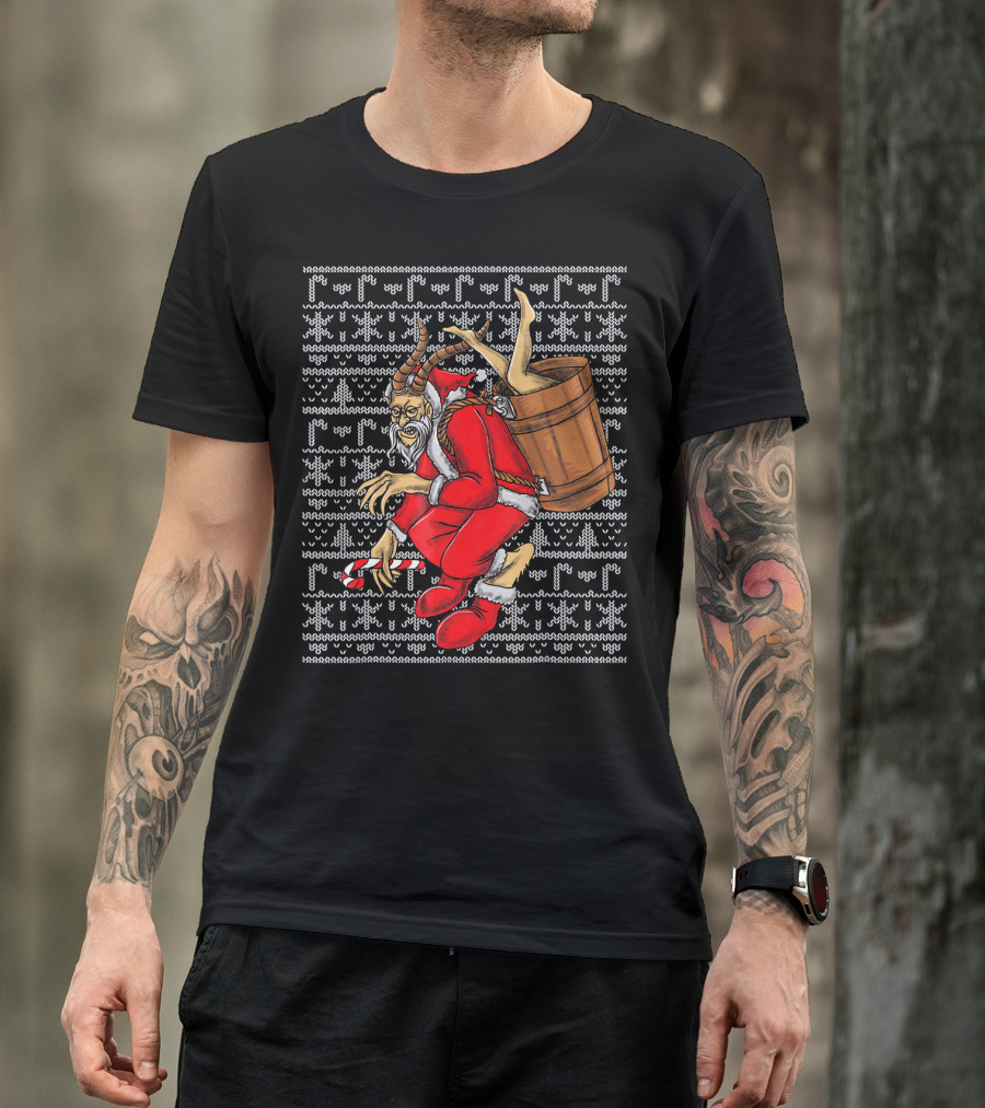 Krampus Ugly Christmas Sweater-Style Santa With Barrel And Candy Cane T-Shirt