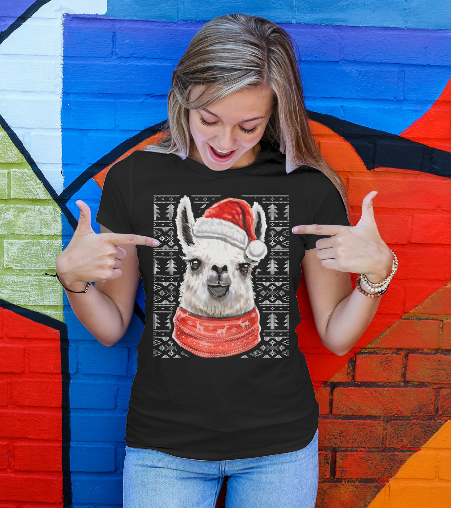 Ugly Christmas Llama Sweater With Santa Hat Festive T-Shirt