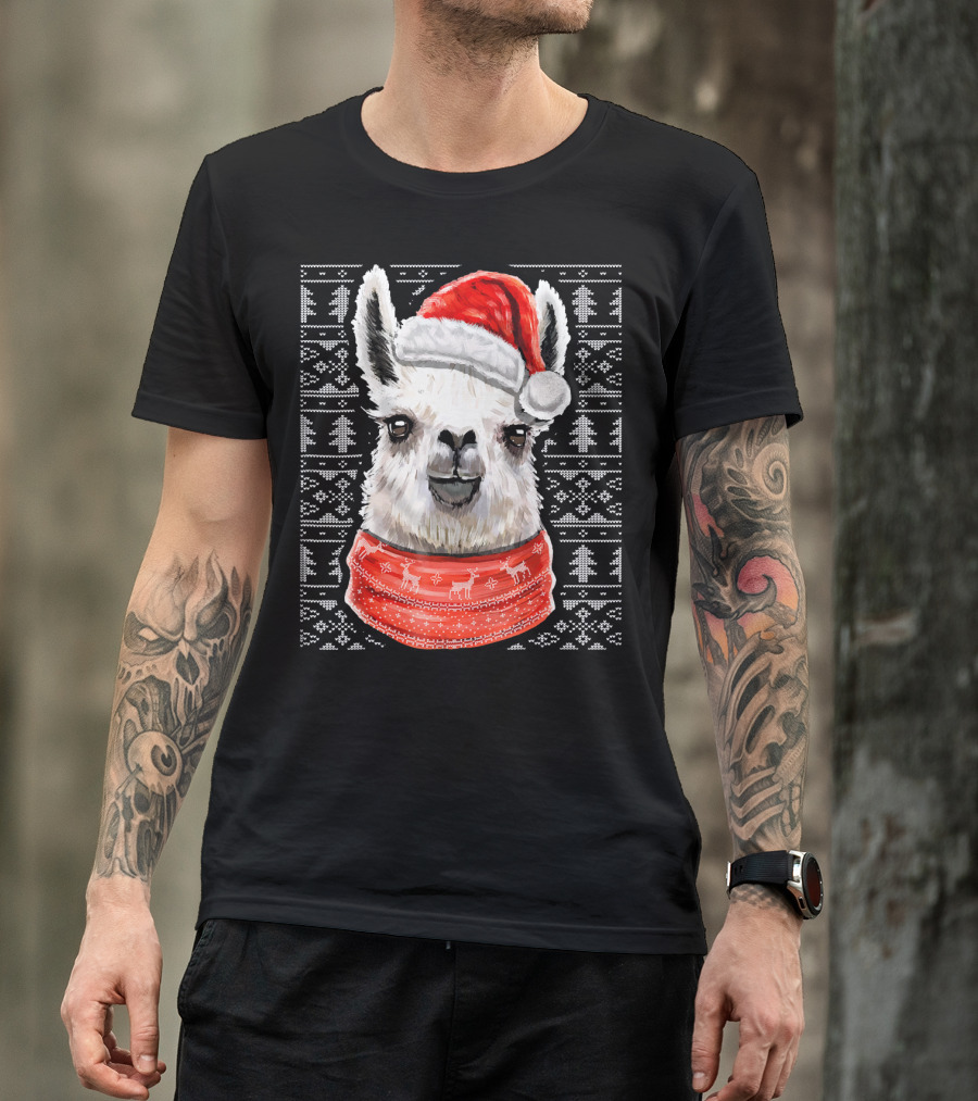 Ugly Christmas Llama Sweater With Santa Hat Festive T-Shirt