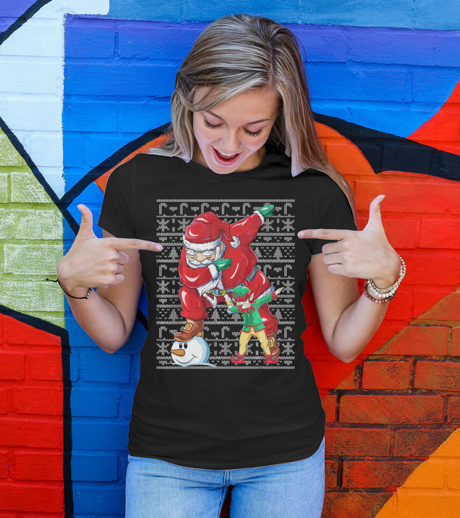 Christmas Dabbing Santa Elf With Snowman Head T-Shirt