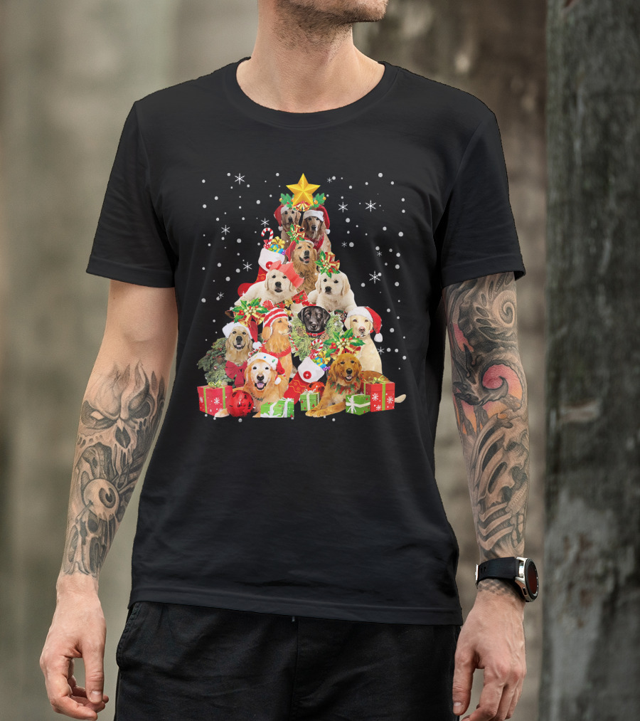 Golden Retriever Christmas Tree With Santa Hats And Presents T-Shirt