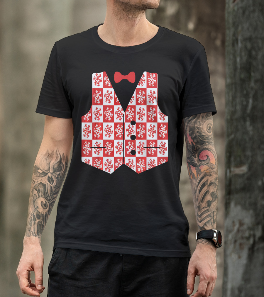 Red And White Snowflake Vest With Bow Tie T-Shirt