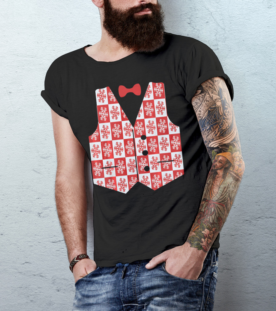Red And White Snowflake Vest With Bow Tie T-Shirt