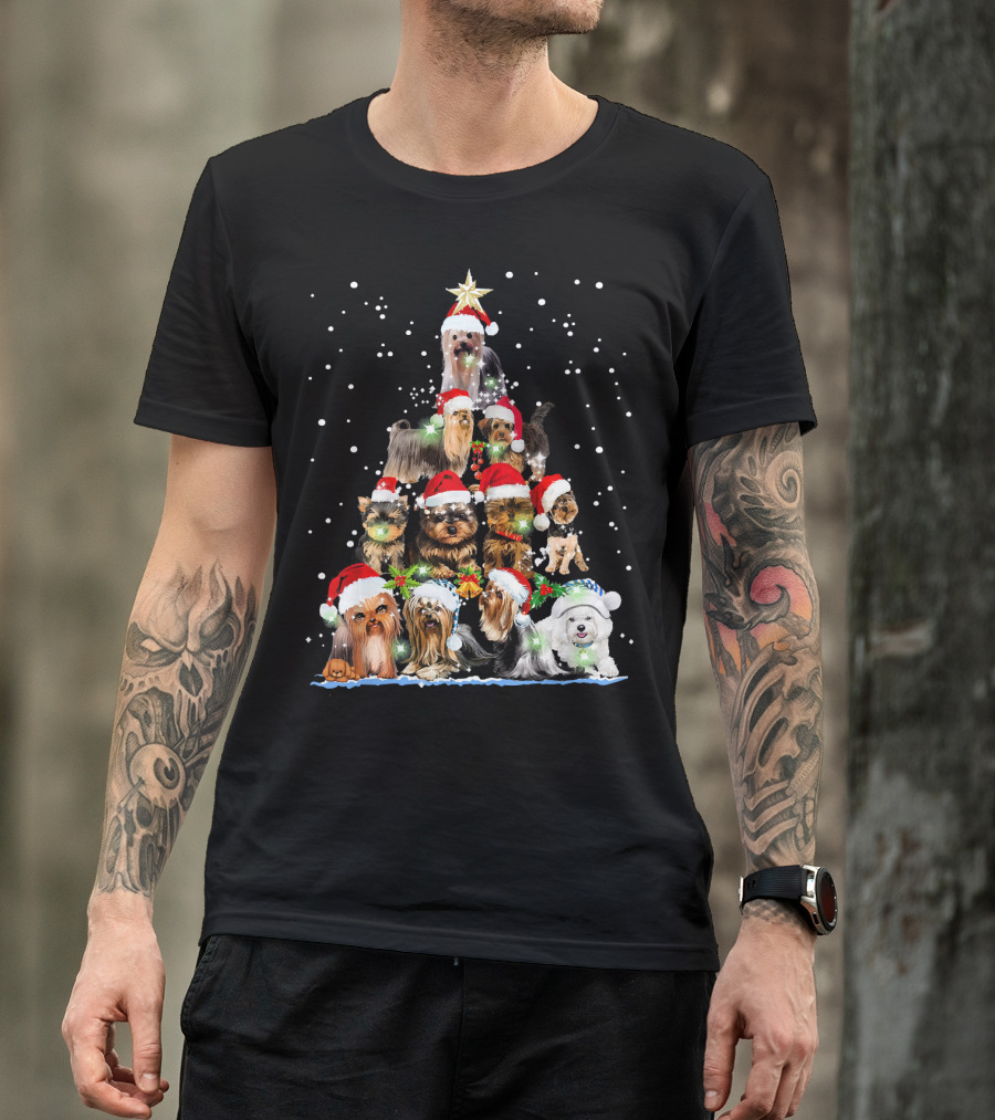 Yorkie Christmas Tree Santa Hats Dogs Snowflakes T-Shirt