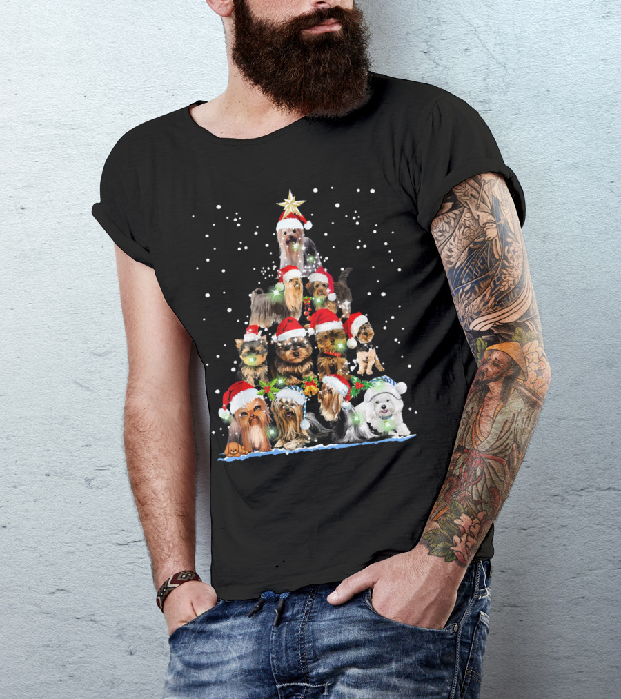 Yorkie Christmas Tree Santa Hats Dogs Snowflakes T-Shirt