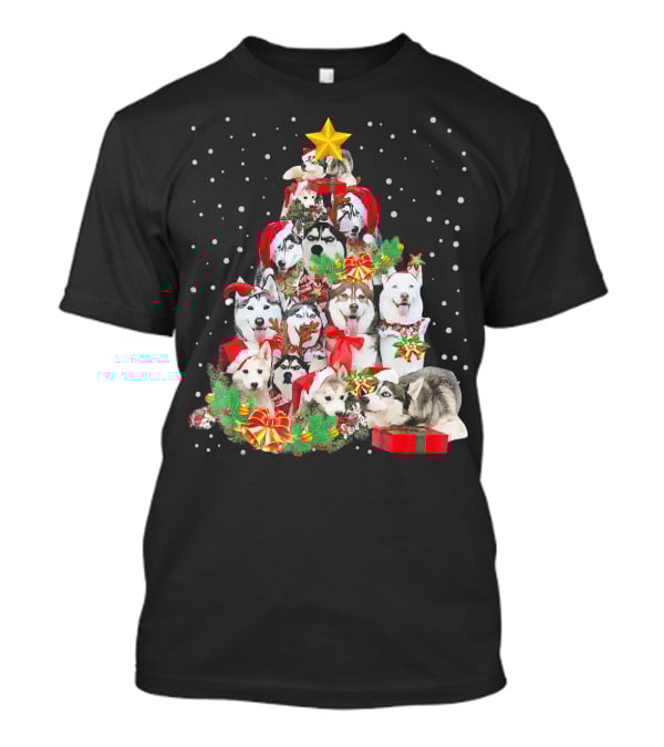 Siberian Husky Christmas Tree Festive Holiday Dogs With Gifts And Star T-Shirt