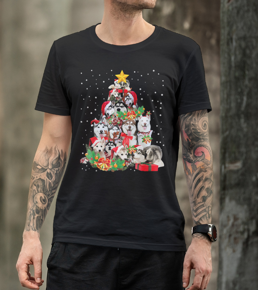Siberian Husky Christmas Tree Festive Holiday Dogs With Gifts And Star T-Shirt