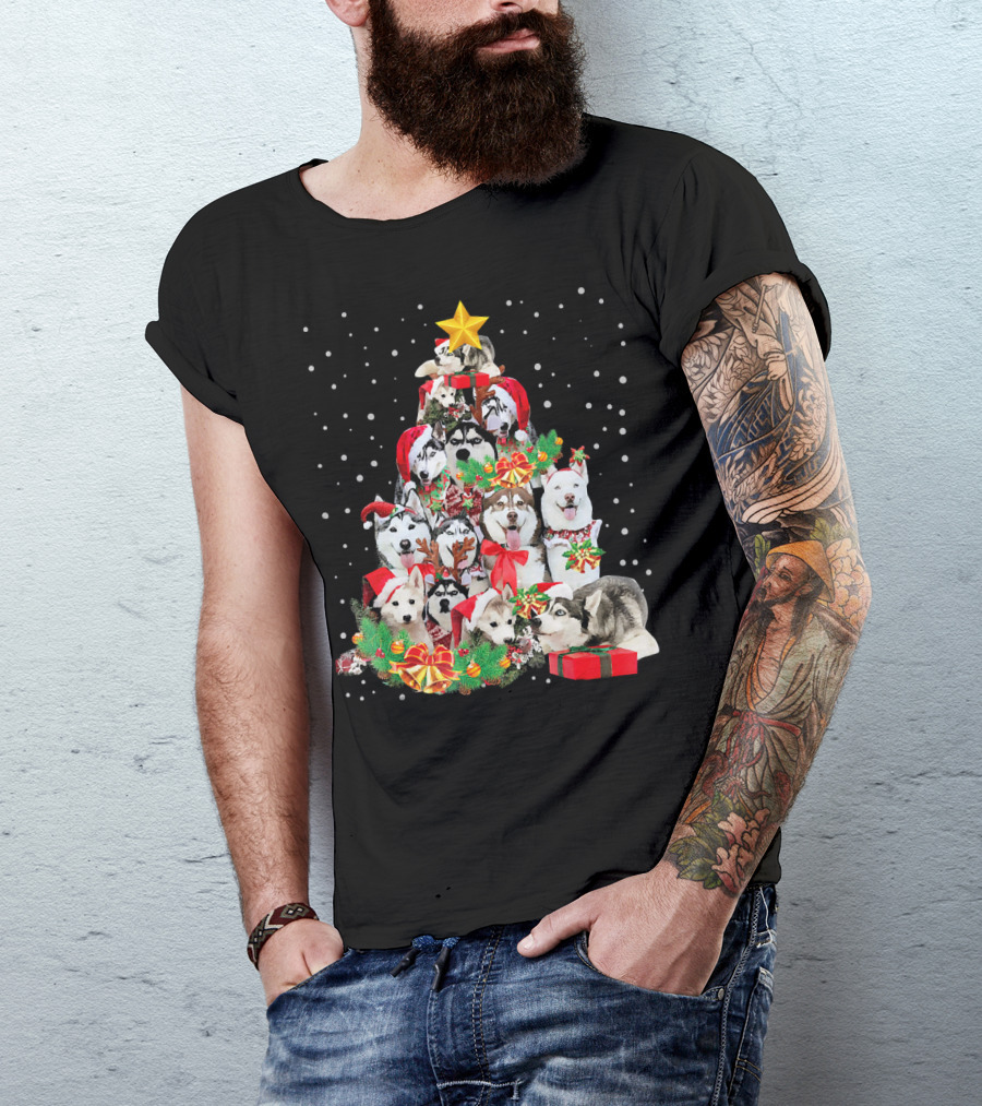 Siberian Husky Christmas Tree Festive Holiday Dogs With Gifts And Star T-Shirt